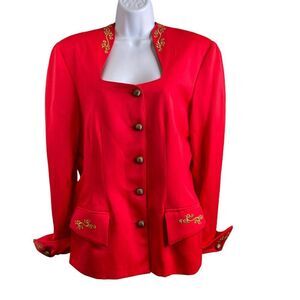 Vintage 1980’s Lavantino Women's Red Wool Gold Accents Jacket Size 12 Mob Wife